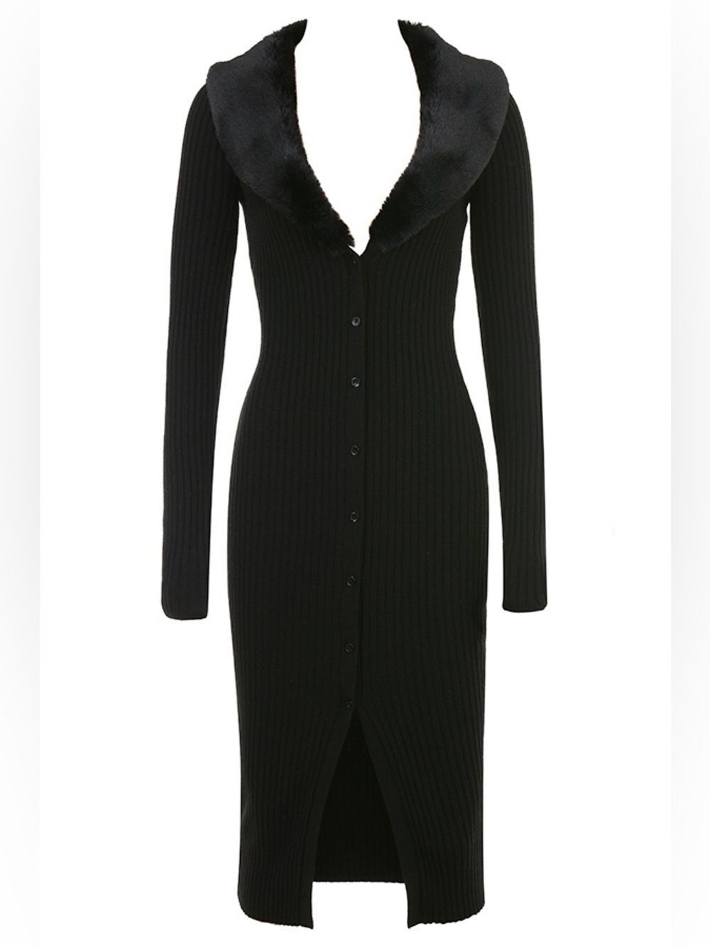 House of CB Black Faux Fur Trim Ribbed Bodycon Long Sleeve Dress Small DS3 - Picture 6 of 13